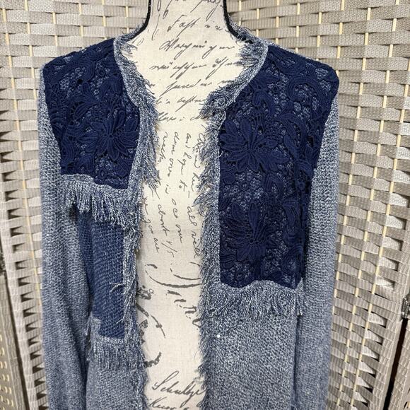 Chico’s Blocked Lace Denalia Cardigan Size 2/L Blue Patchwork Fringe Long Line - Picture 3 of 12
